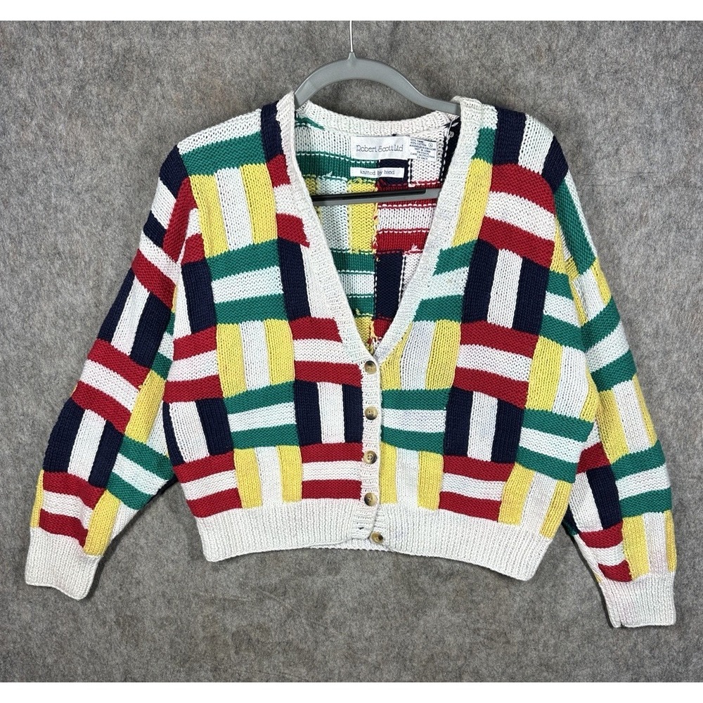 Vintage Robert Scott Ltd Hand Knit Cardigan Womens XL Geometric Colorblock 80s
